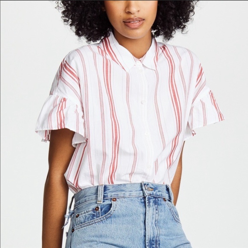 Madewell white/red button down ruffle cuff sleeve